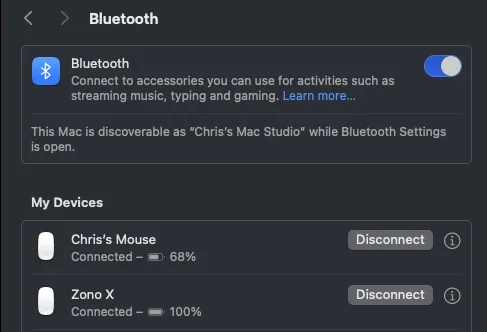 macOS Bluetooth settings showing the Zono X connected