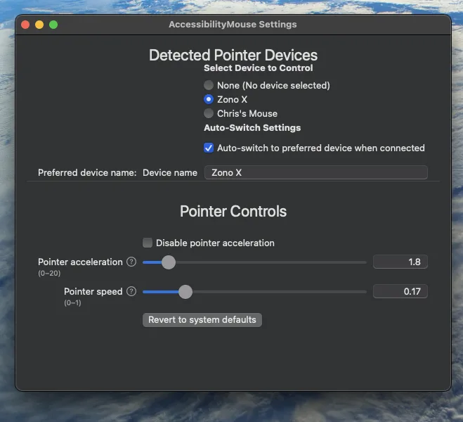 AccessibilityMouse settings window with pointer controls