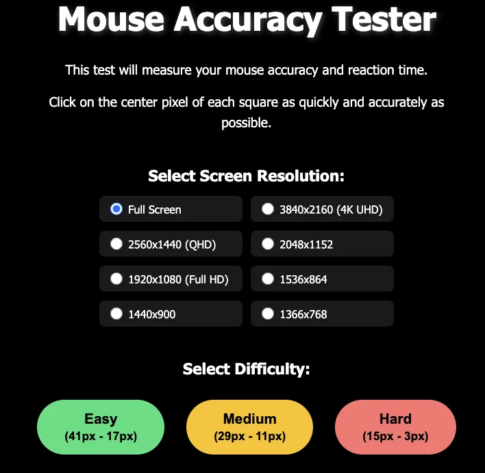The Mouse Accuracy Tester start screen